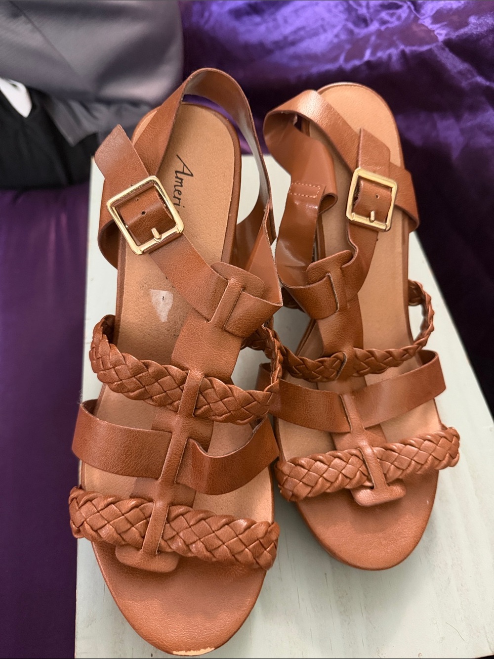 American Eagle Outfitters Tan Braided Strappy Sandals with Gold Buckles